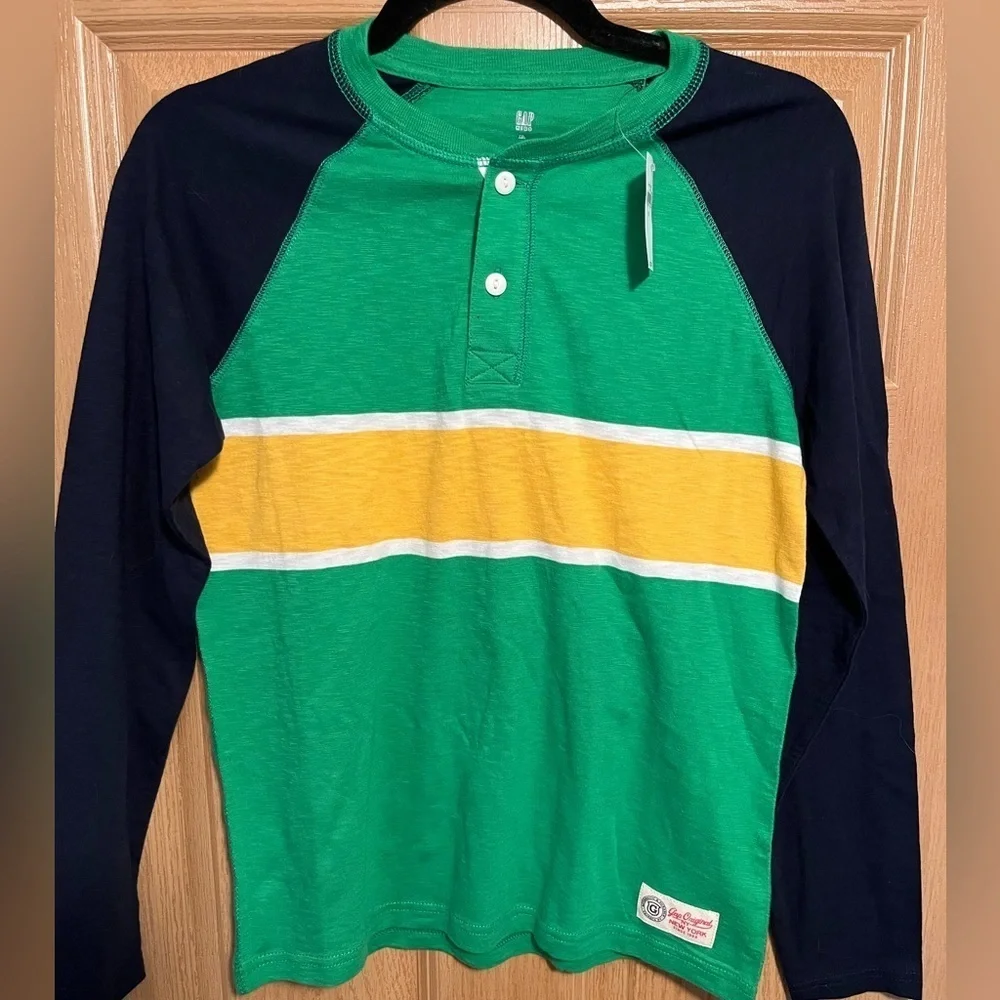 Kids Green, White & Yellow Colorblock Stripe Henley Longsleeve T-Shirt | Gap NWT